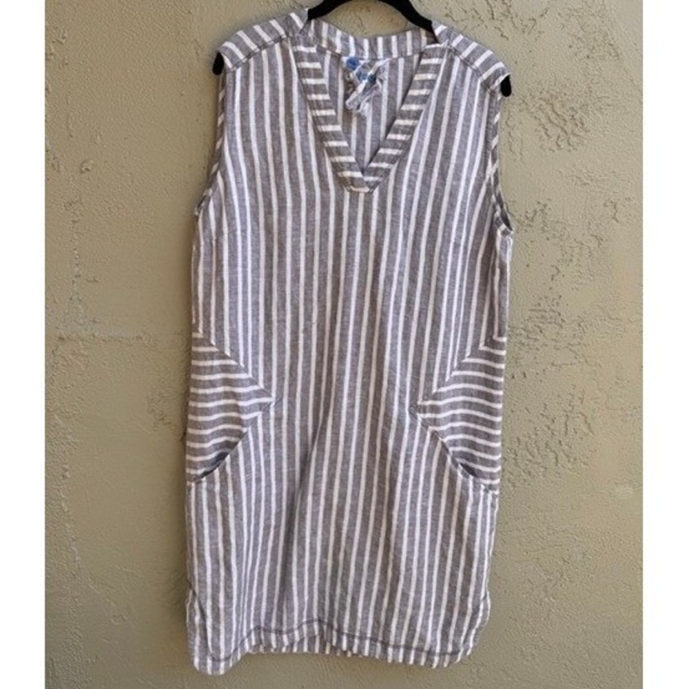 Yuvita Womens White Grey Shift Dress Striped Linen Linen Minimalist Lagenlook